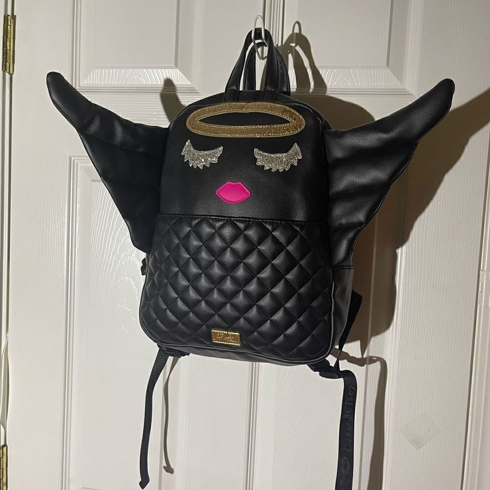 Luv Betsey Johnson  synthetic black small Backpack Angel Wings gold glitter Halo